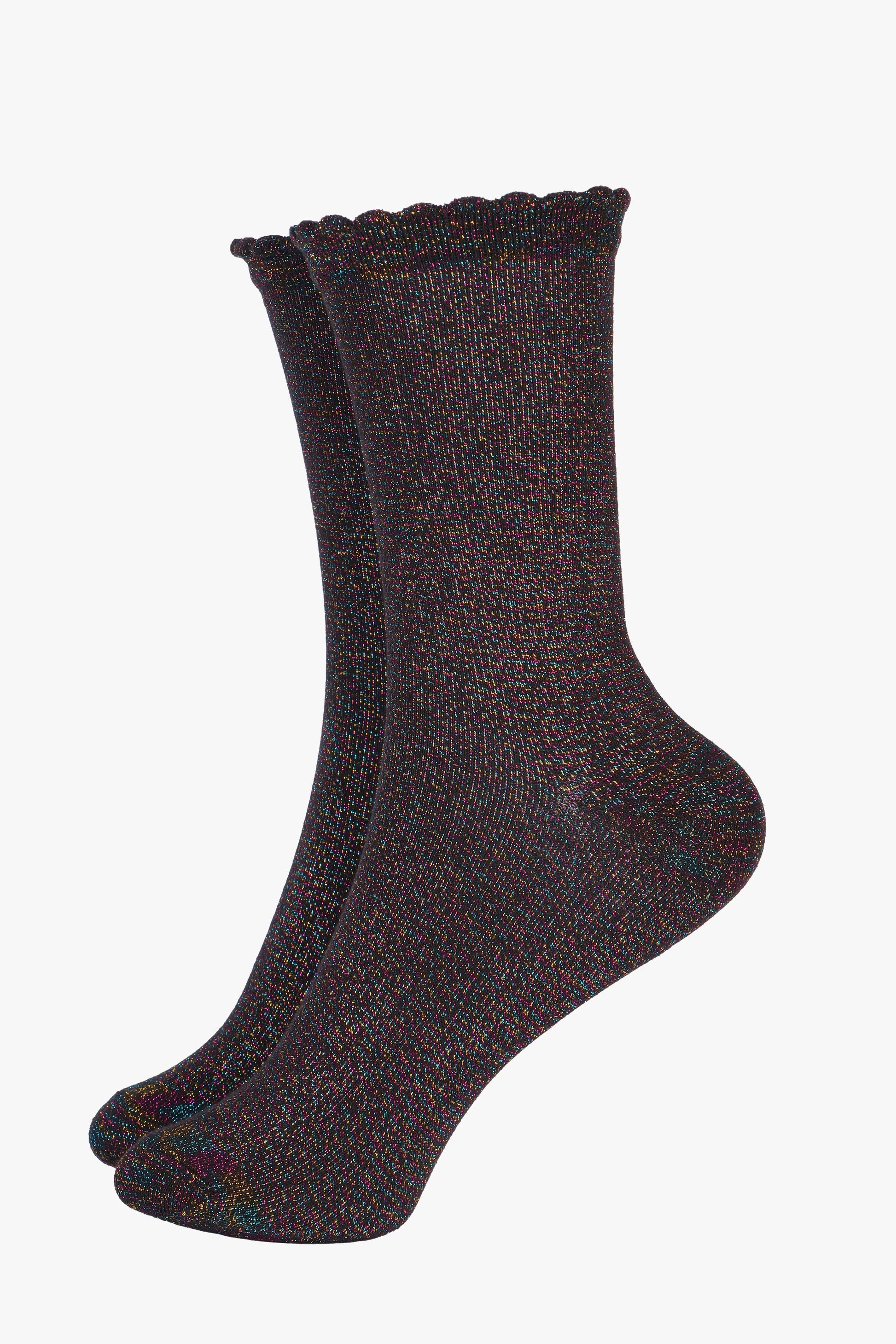 black ankle socks with an all over rainbow glitter shimmer, the socks are ankle socks and have scalloped cuffs