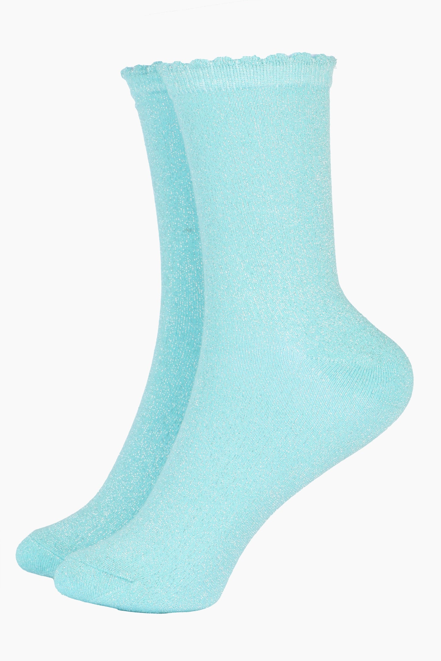 duck egg blue cotton socks with an all over silver glitter shimmer, the socks have a scalloped cuff edge