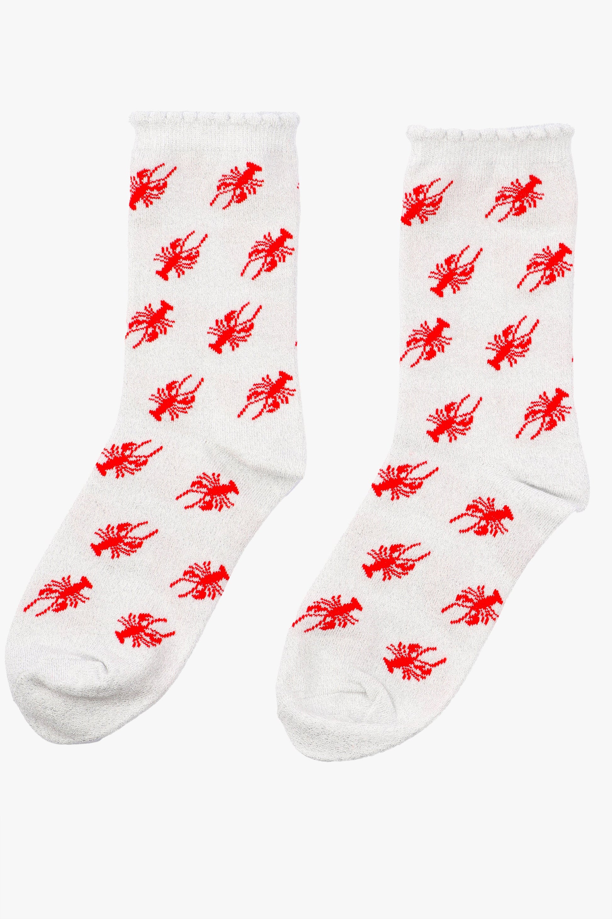 white and red lobster print glitter ankle socks with frilled scalloped cuffs