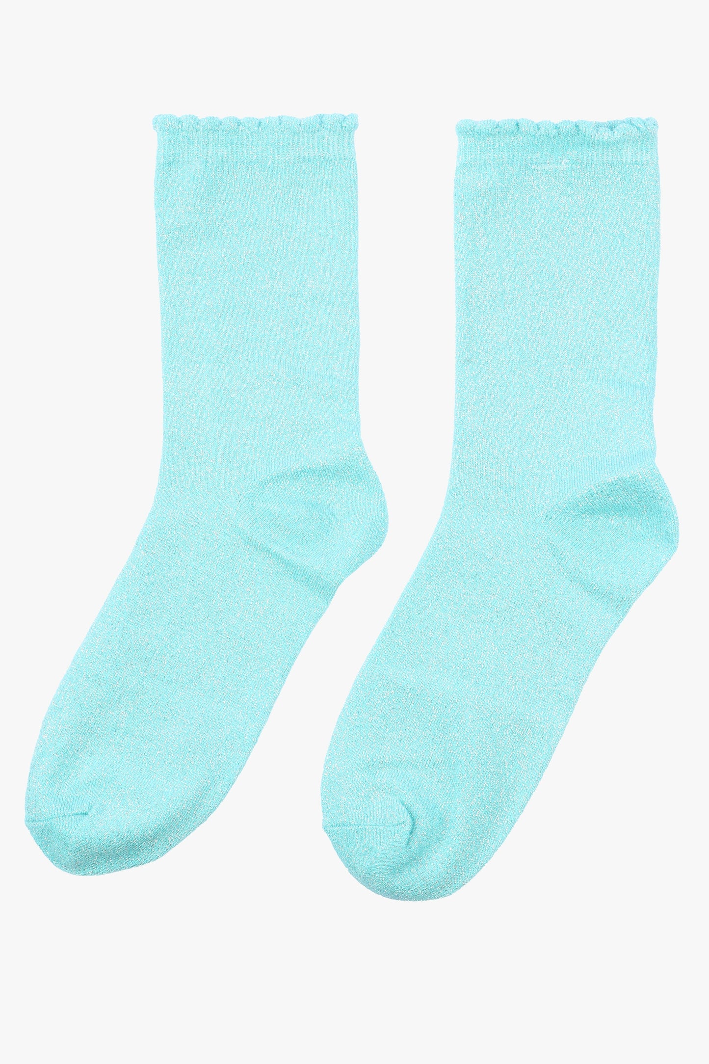 duck egg blue glitter ankle socks with frilled scalloped cuffs