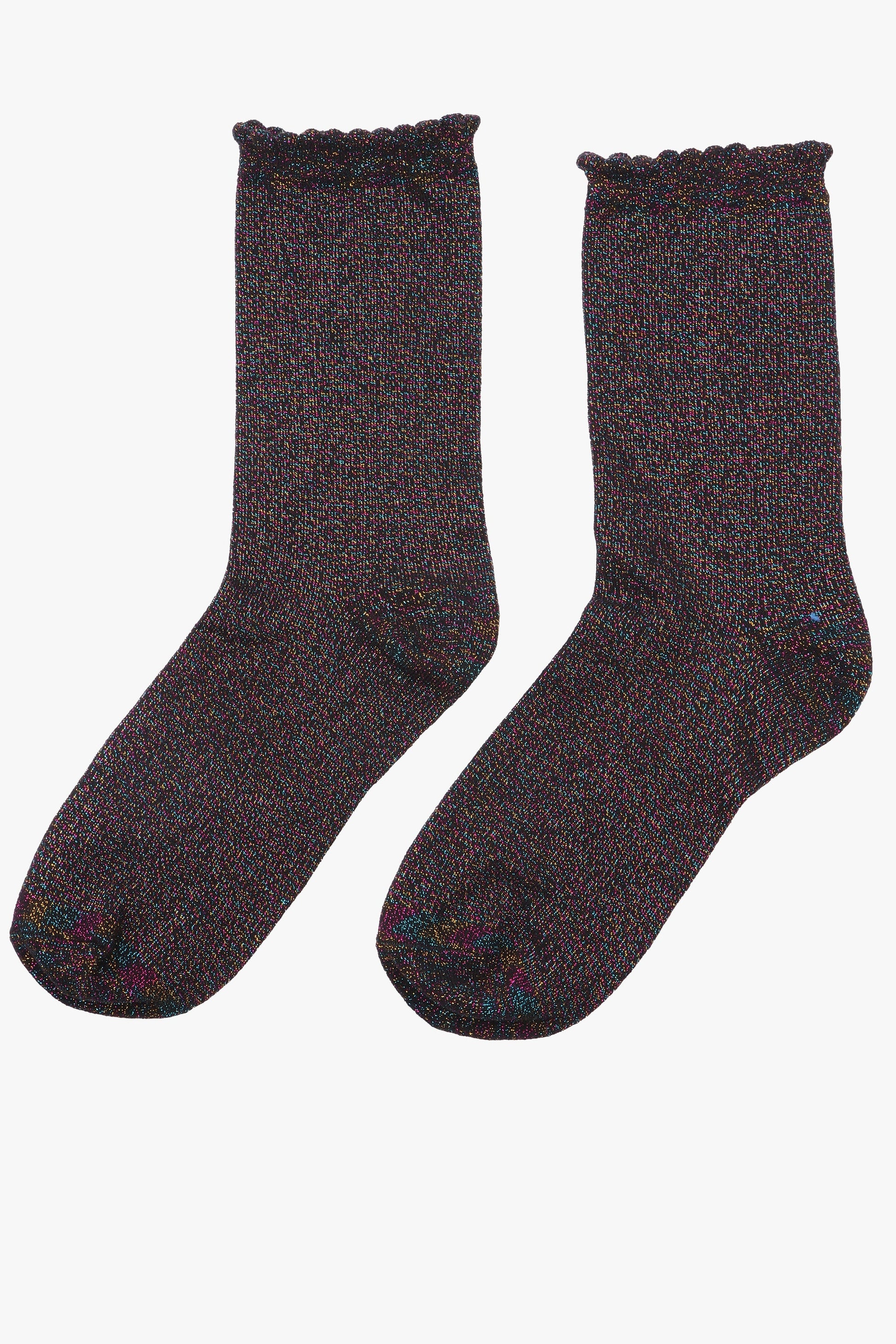 black rainbow glitter ankle socks with frilled scalloped cuffs