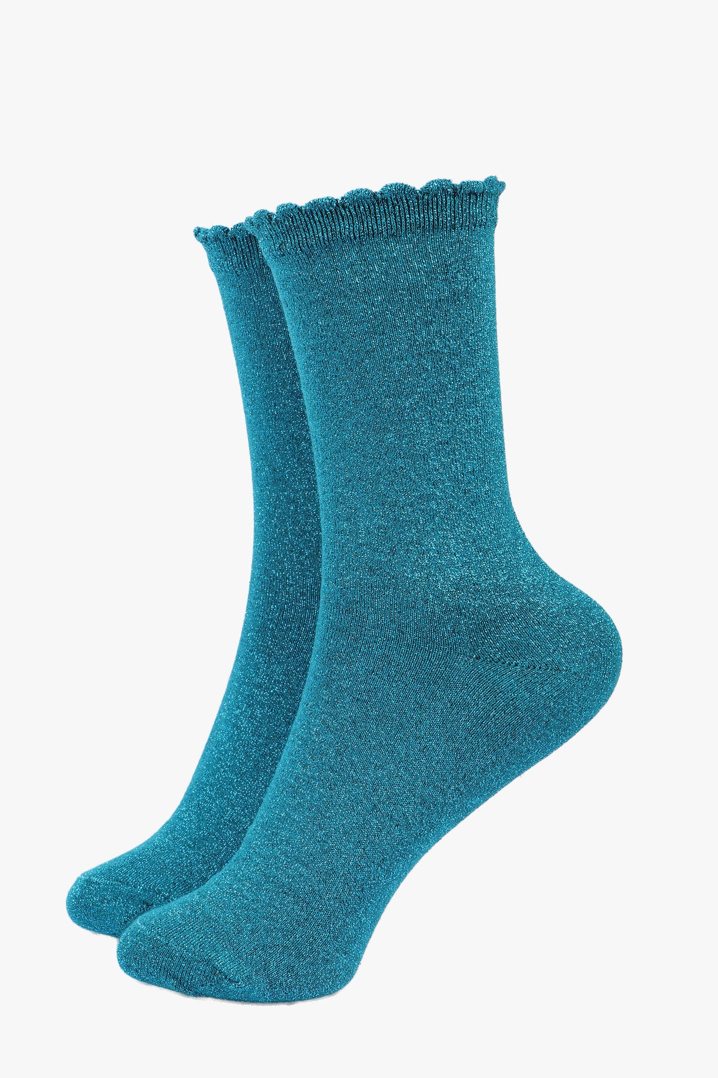 Cotton Glitter Socks with Scalloped Cuff Teal