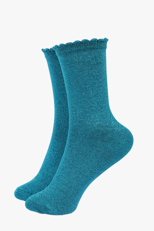 Cotton Glitter Socks with Scalloped Cuff Teal