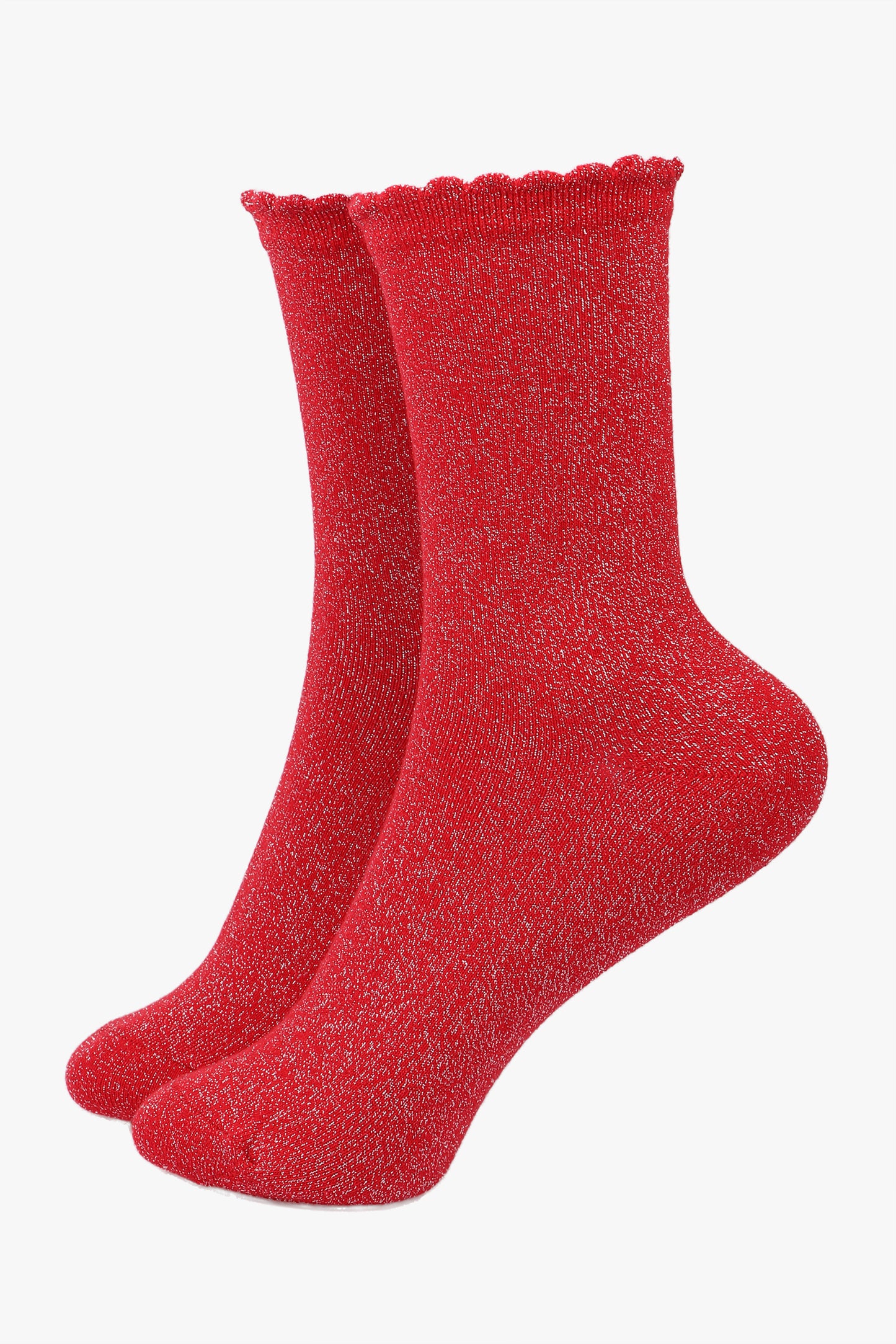 Cotton Glitter Socks with Scalloped Cuff Bright Red