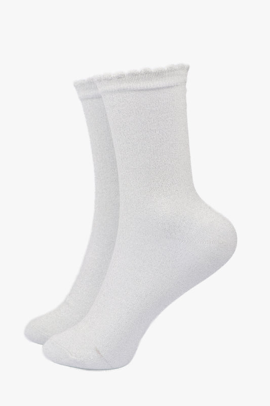 Cotton Glitter Socks with Scalloped Cuff White