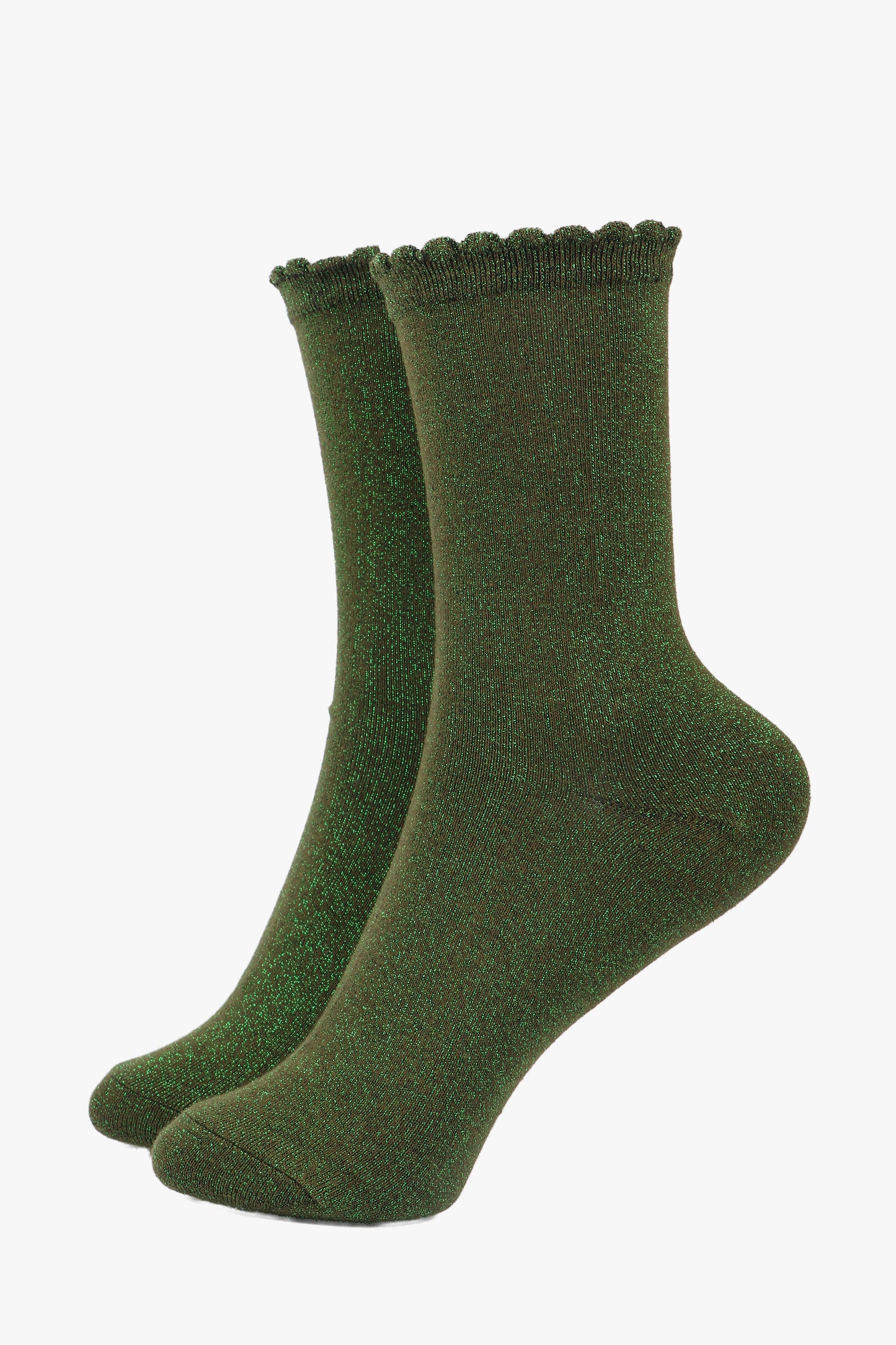 Cotton Glitter Socks with Scalloped Cuff Khaki