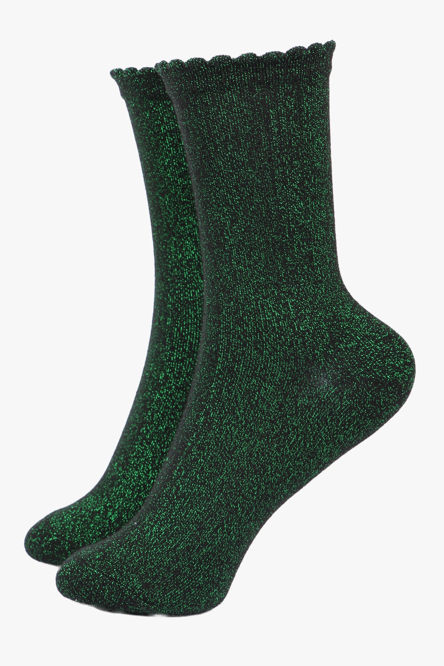 Cotton Glitter Socks with Scalloped Cuff Black Green