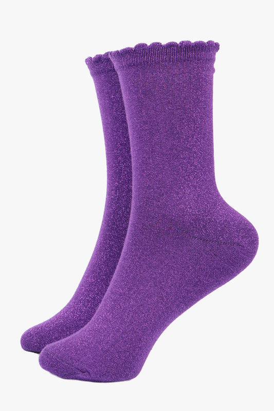 Cotton Glitter Socks with Scalloped Cuff Purple