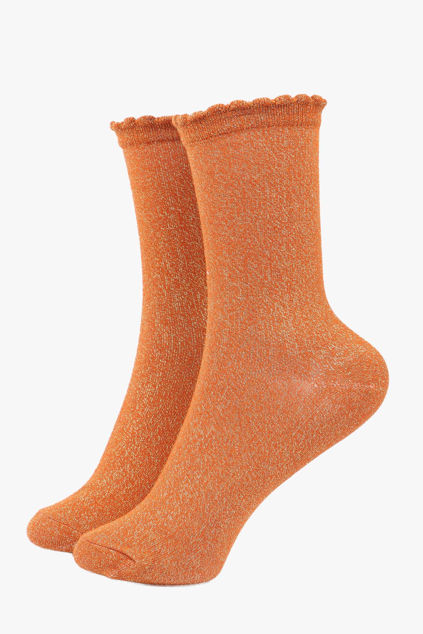 Cotton Glitter Socks with Scalloped Cuff Burnt Orange