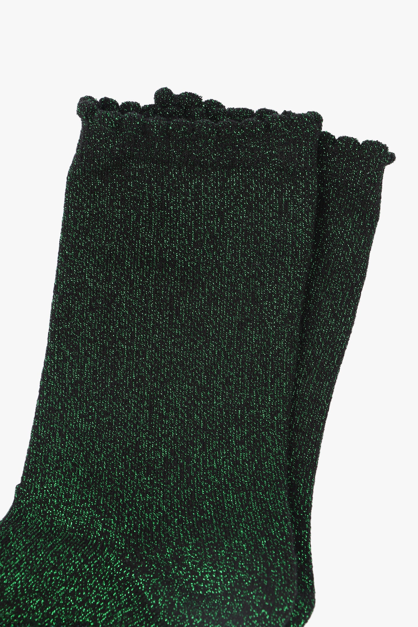 Cotton Glitter Socks with Scalloped Cuff Black Green