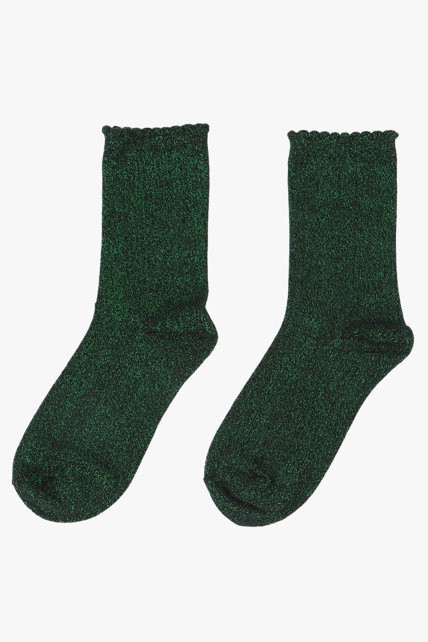 Cotton Glitter Socks with Scalloped Cuff Black Green