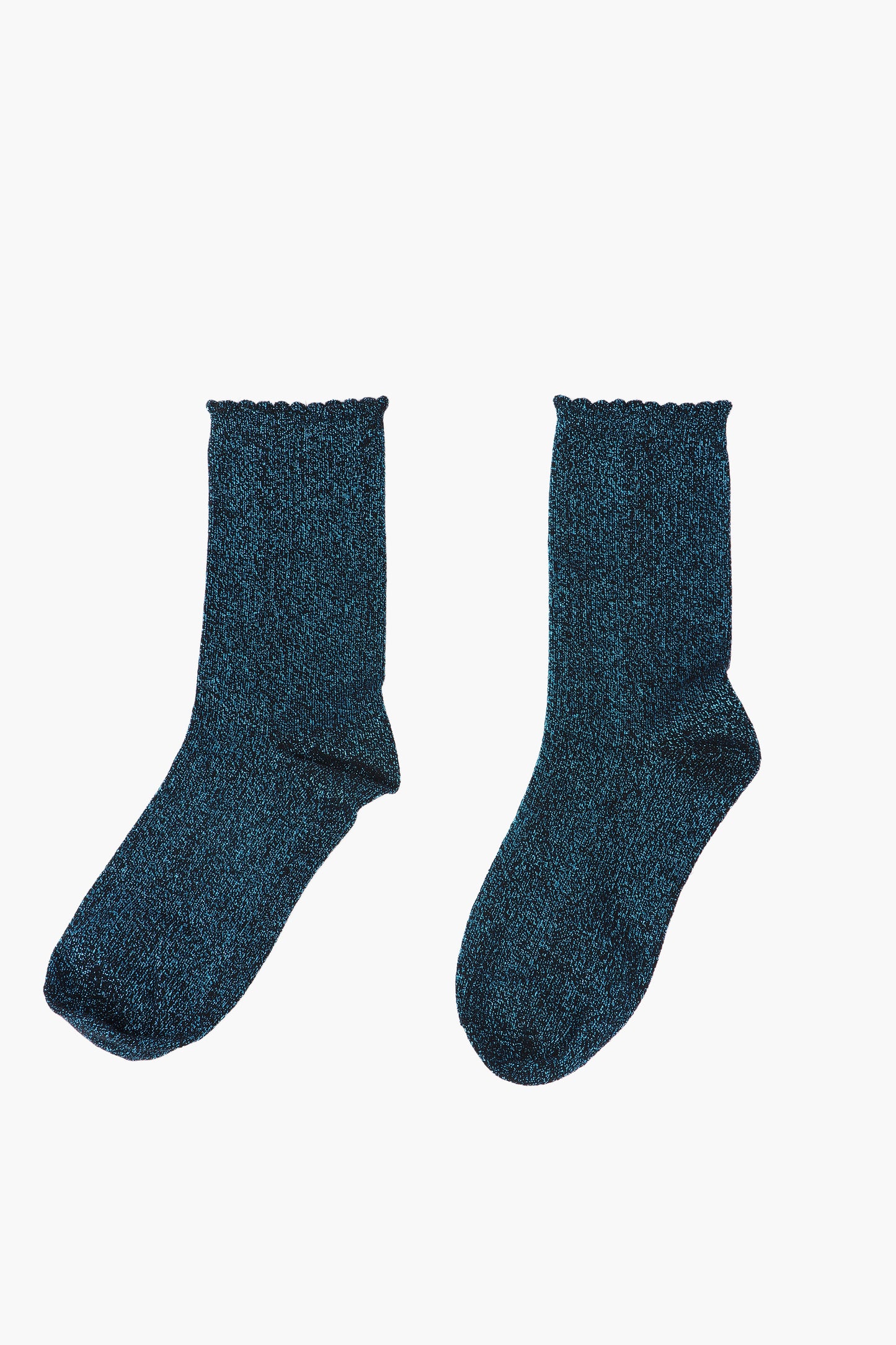 Cotton Glitter Socks with Scalloped Cuff Black Turquoise