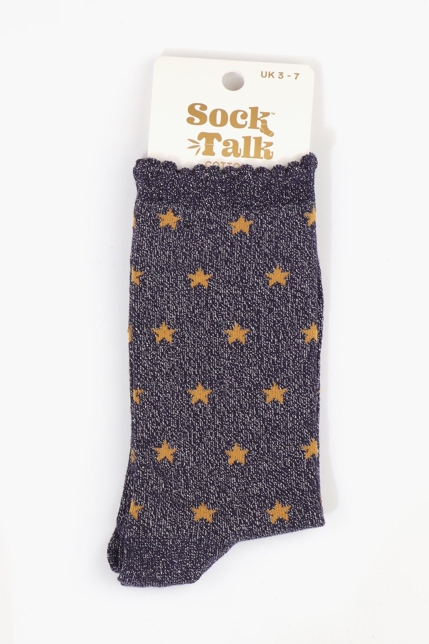 navy and silver sparkly ankle socks with an all over star print and scalloped cuffs