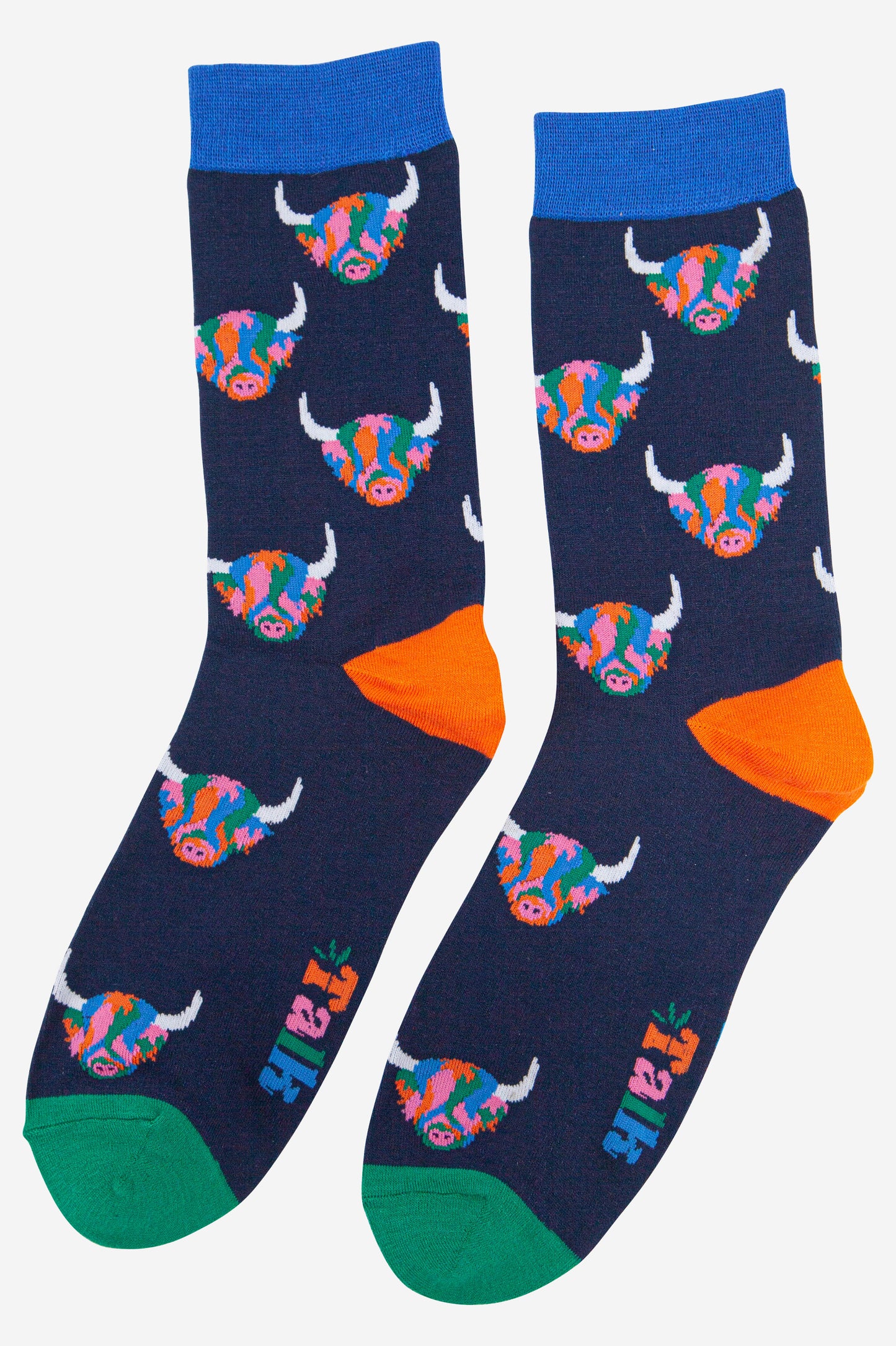 navy blue socks with light blue cuff, orange heel and green toe with an all over rainbow highland cow pattern