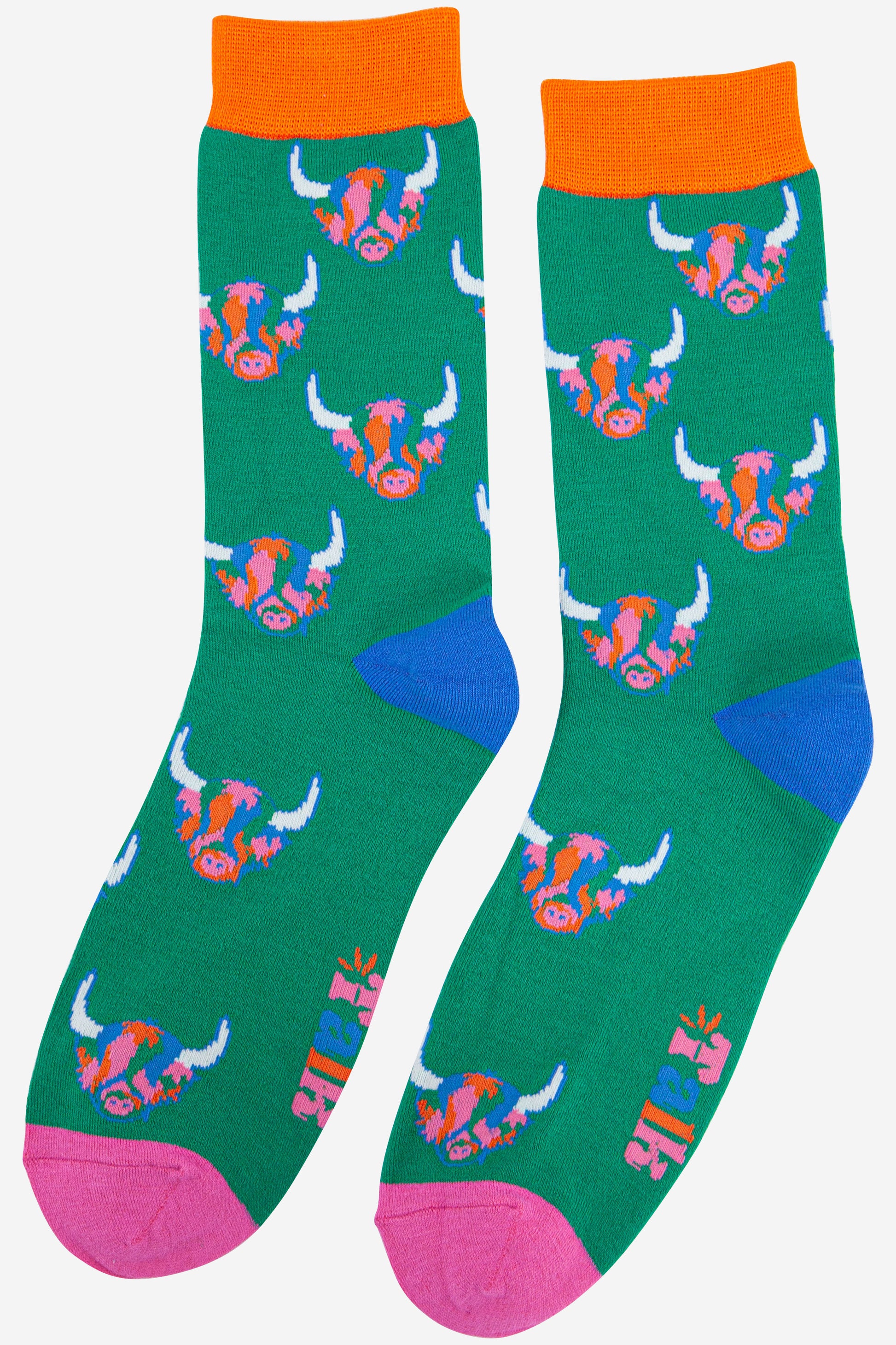 mens green bamboo socks with a pattern of rainbow coloured highland cow faces all over