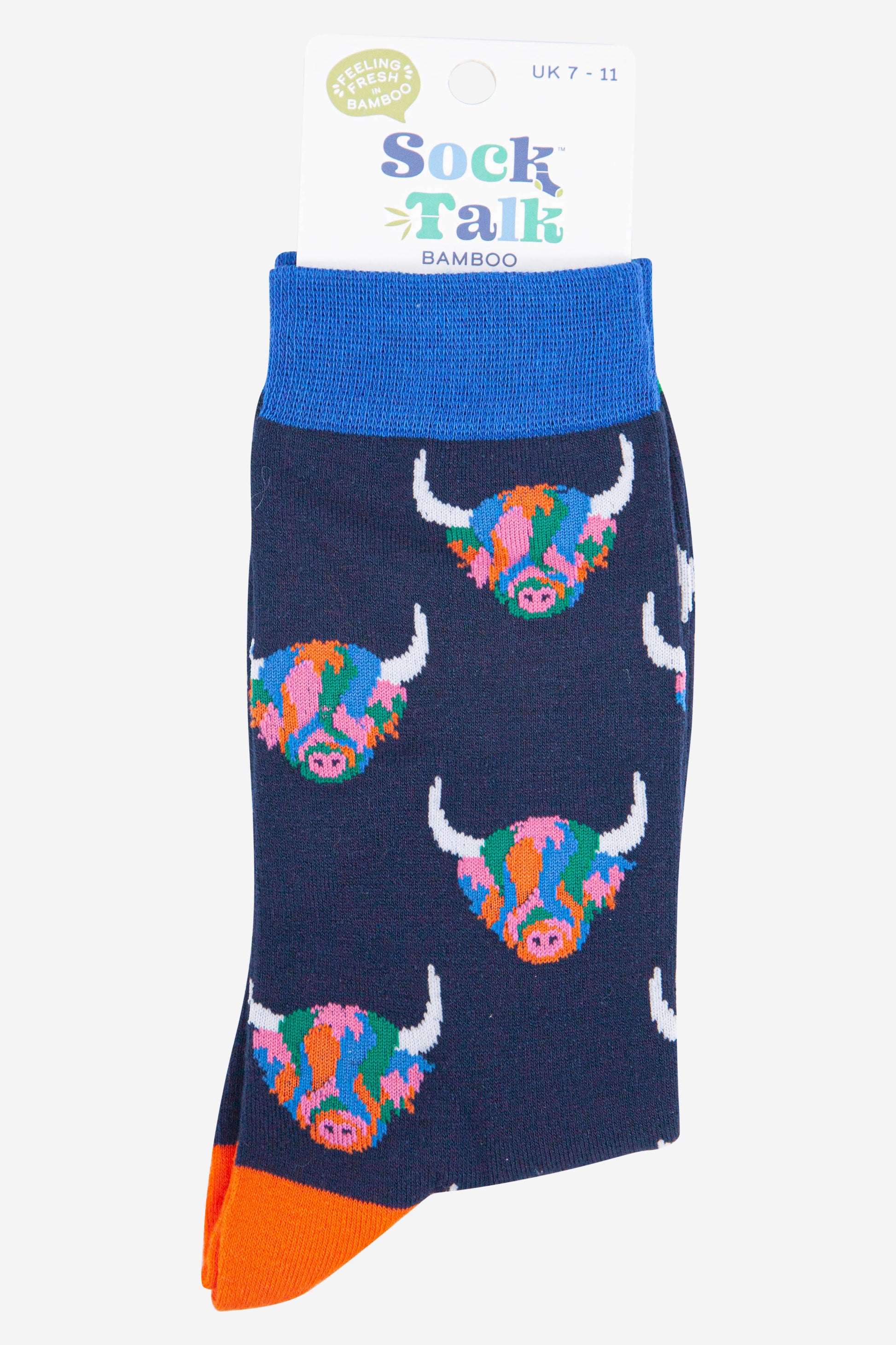 mens navy blue rainbow highland cow dress socks uk size 7-11