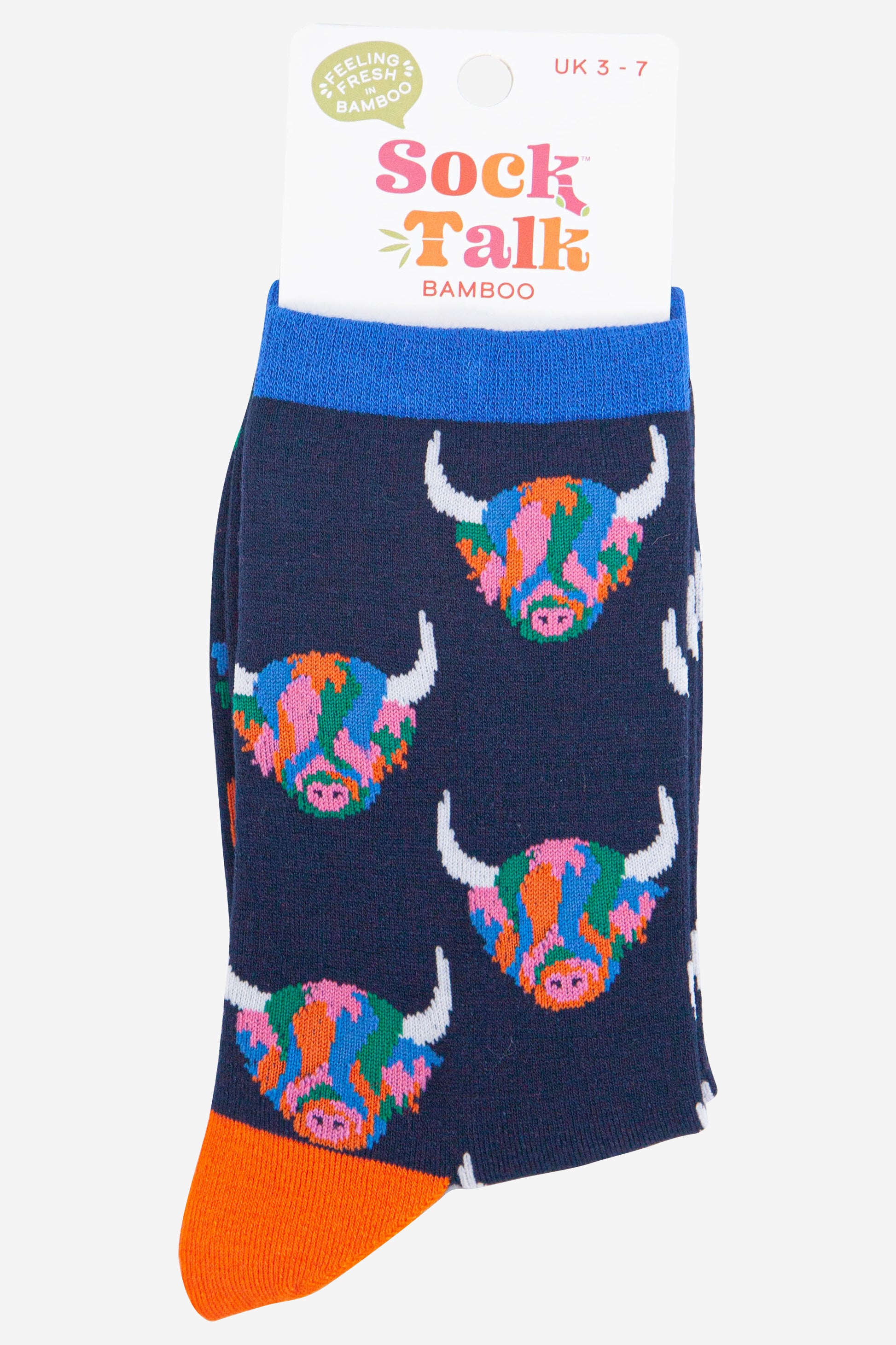 rainbow highland cow socks in navy blue uk size 3-7