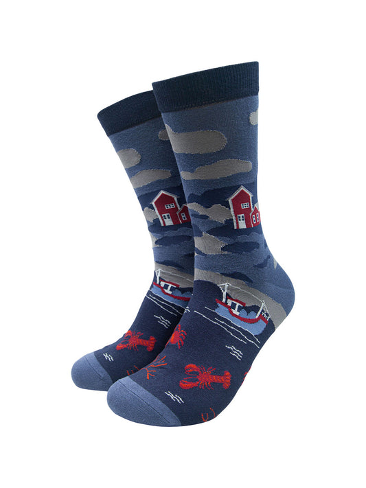 Lobster Harbour Scenic Bamboo Socks in Blue