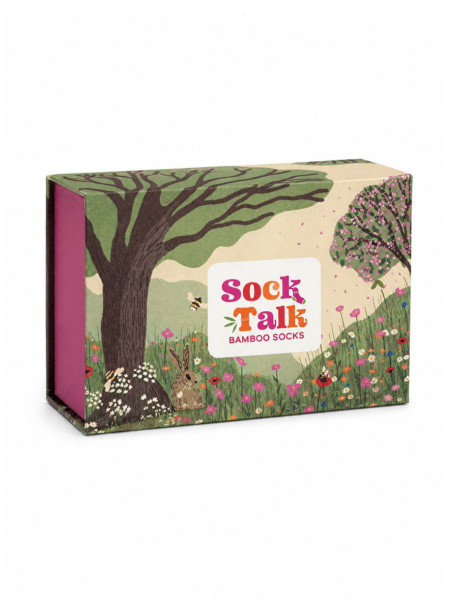 Sock Trio Gift Wrap - Green/Pink, Summer Meadow Scene