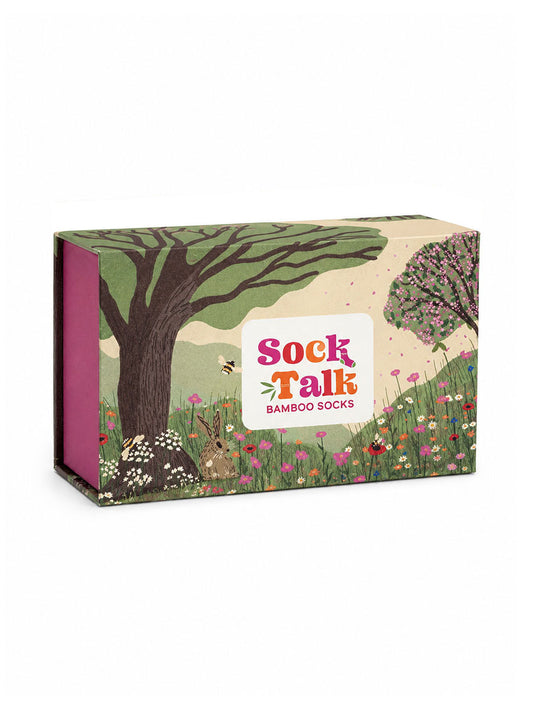 Sock Trio Gift Wrap - Green/Pink, Summer Meadow Scene