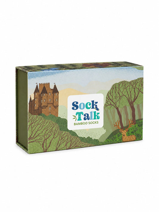 Sock Trio Gift Wrap - Green, Highland Castle Scene