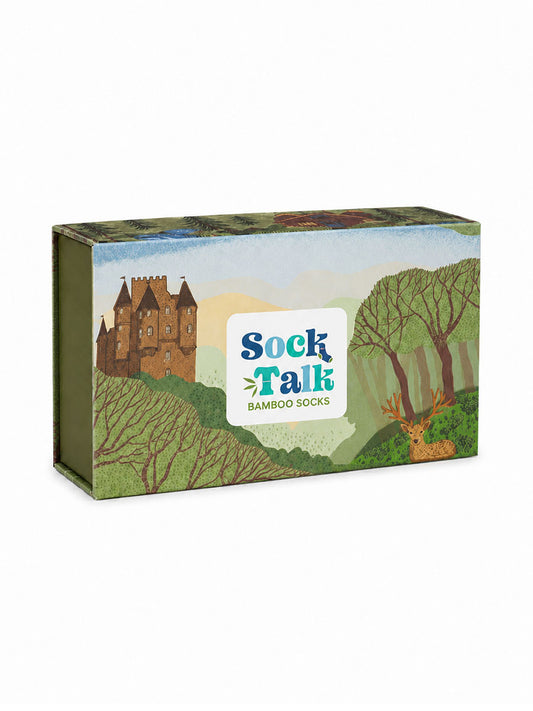 Sock Trio Gift Wrap - Green, Highland Castle Scene