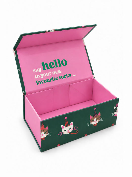 Sock Trio Gift Wrap - Green/Pink, Party Cats