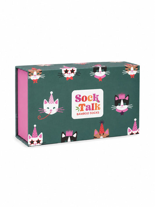 Sock Trio Gift Wrap - Green/Pink, Party Cats