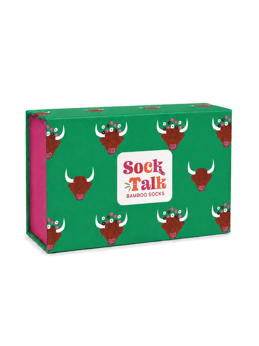 Sock Trio Gift Wrap - Green, Highland Cow