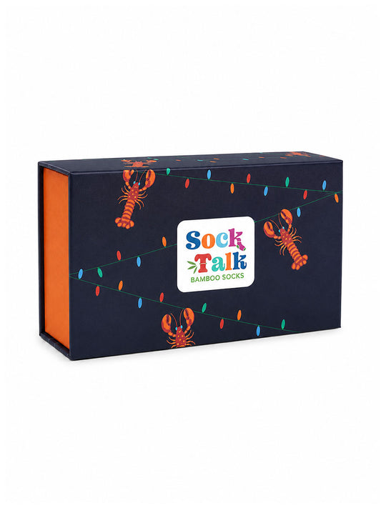 Sock Trio Gift Wrap - Navy, Lobster Party Lights