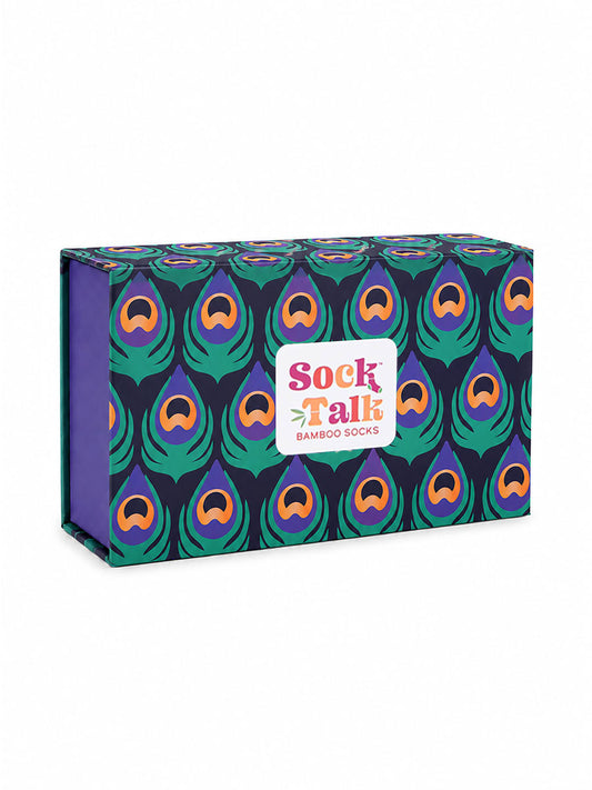 Sock Trio Gift Wrap - Blue/Purple, Peacock Feather