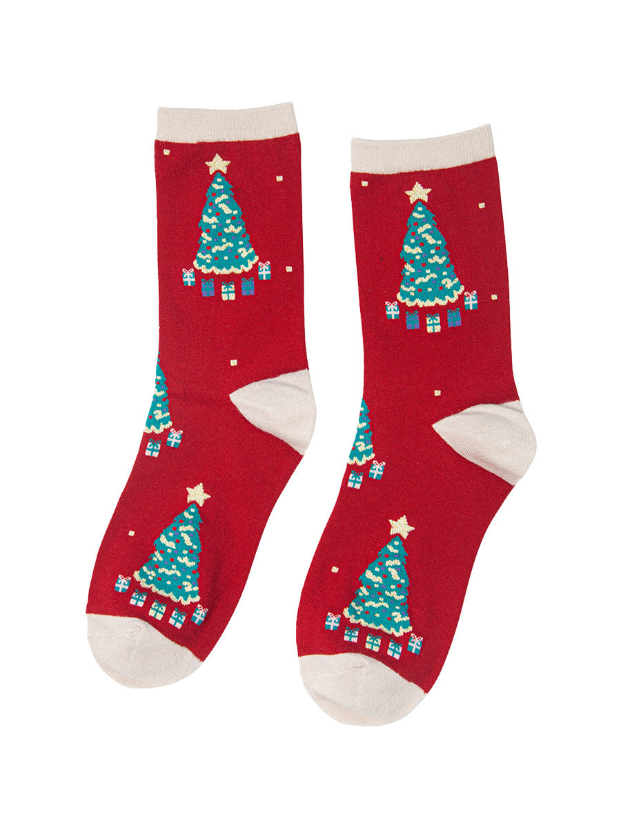 Christmas Tree Bamboo Socks in Red