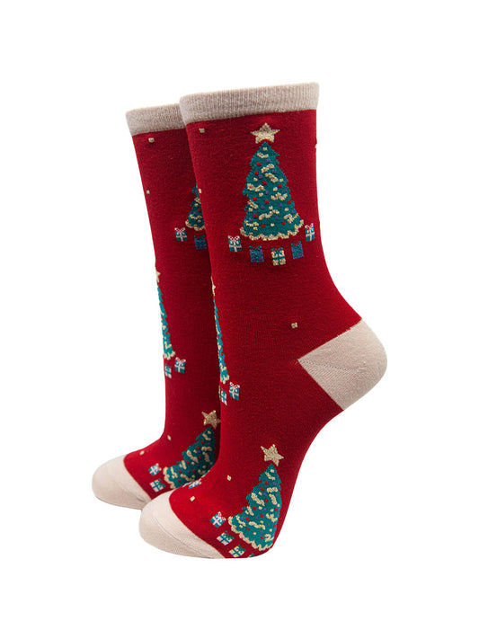 Christmas Tree Bamboo Socks in Red