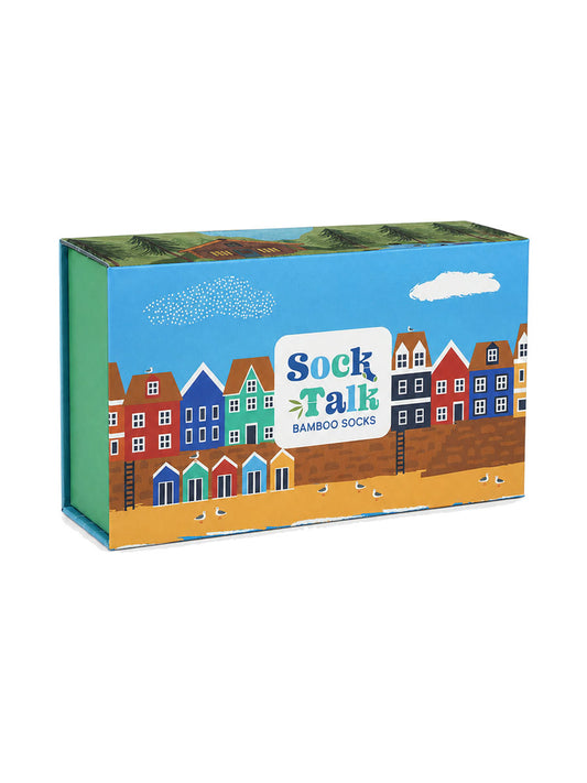 Sock Trio Gift Wrap - Blue, Beach Boardwalk Scene