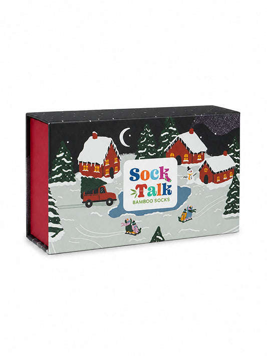 Sock Trio Gift Wrap - Blue, Winter Scene