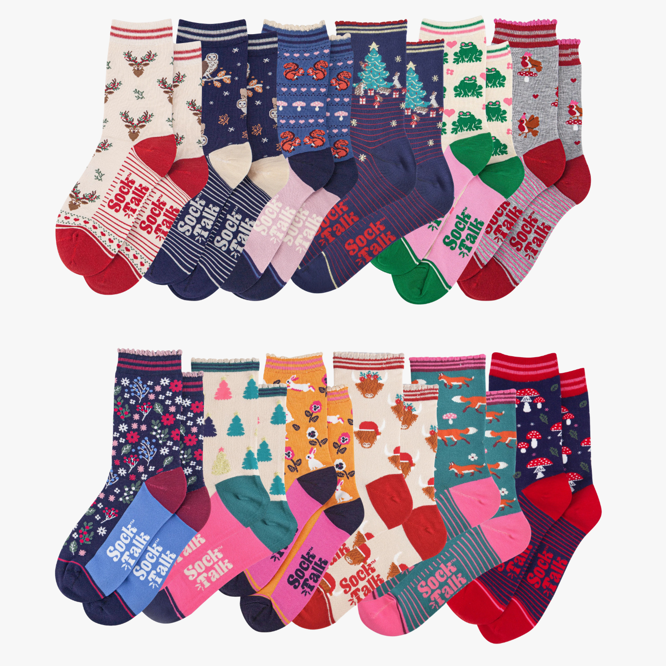 Women's Bamboo Ankle Socks Advent Calendar - Red, Woodland Animals
