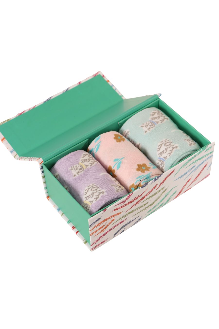 open gift box showing one pair of floral socks and two pairs of highland terrier pattern socks