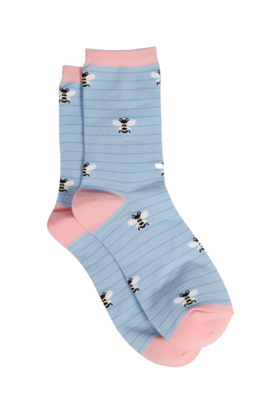 light blue pin striped socks with an all over bee print