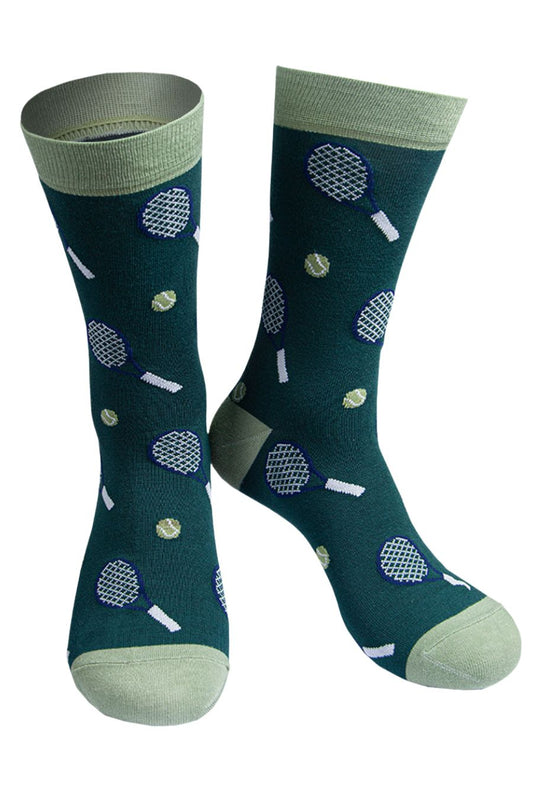 green bamboo socks with tennis raquets and tennis balls