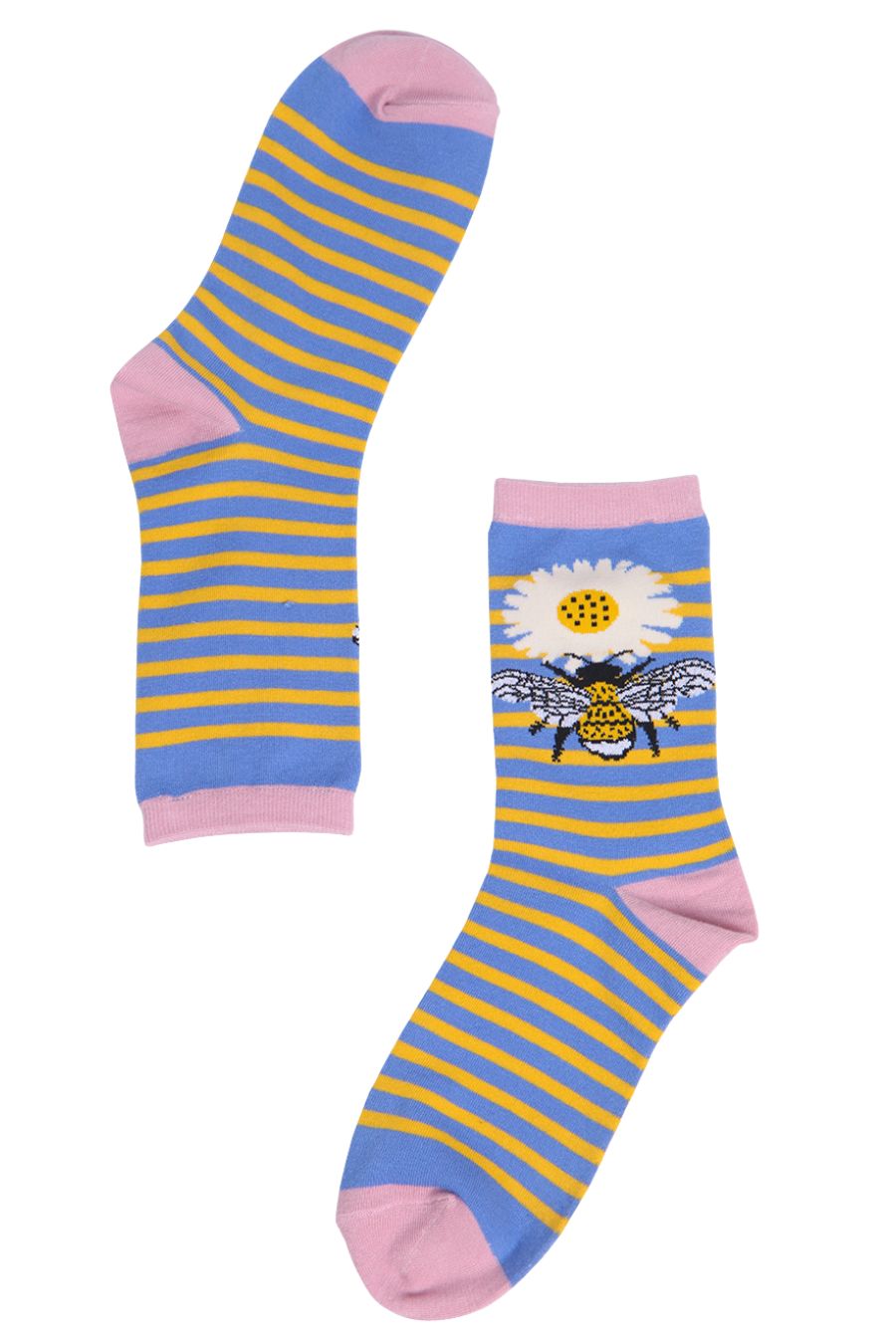 blue, yellow striped bamboo socks with bumblebee and daisy