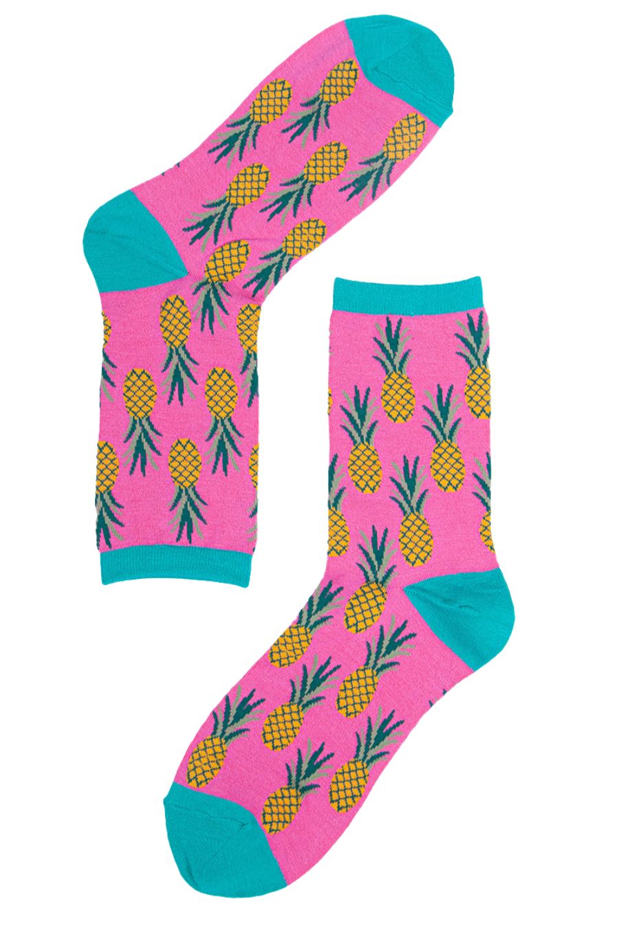 pink, blue, yellow pineapple fruit ankle socks