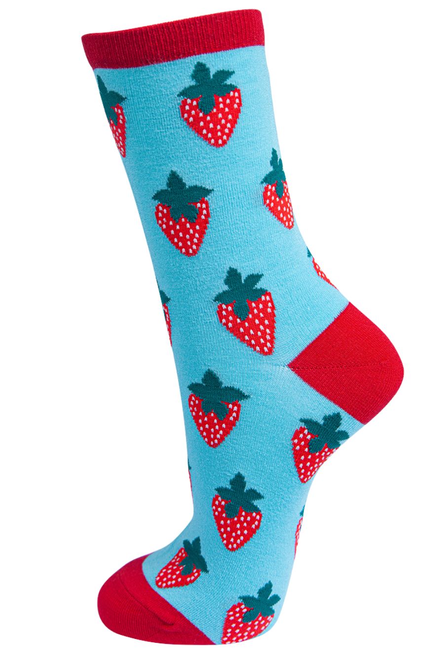 blue ankle socks with all over red strawberries