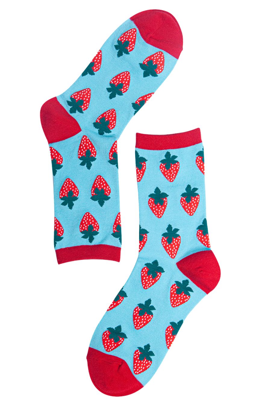 blue and red strawberry print ankle socks