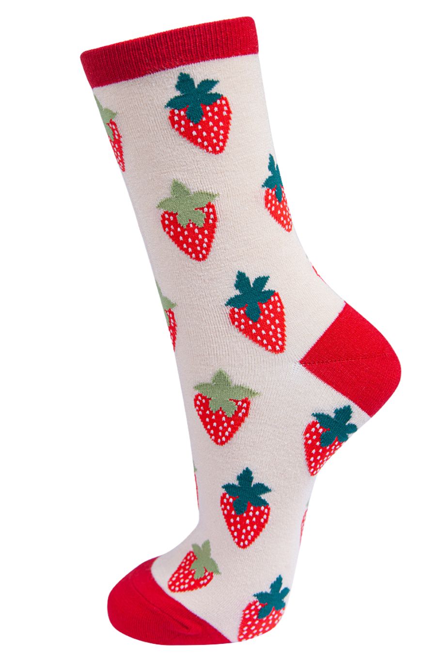 Womens Bamboo Strawberry Ankle Socks Novelty Fruit Socks Cream Red
