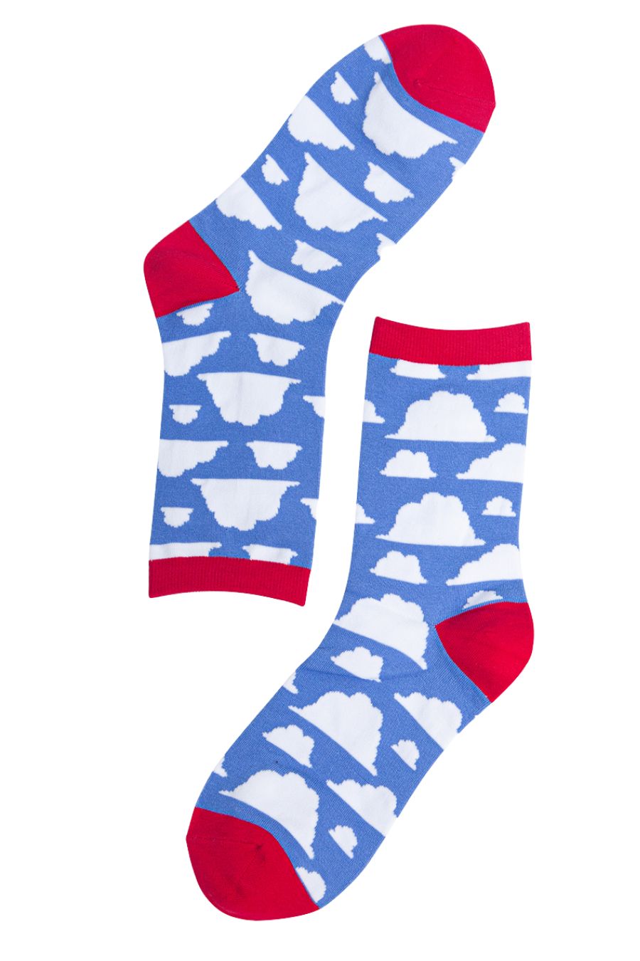 blue, red bamboo socks with white clouds