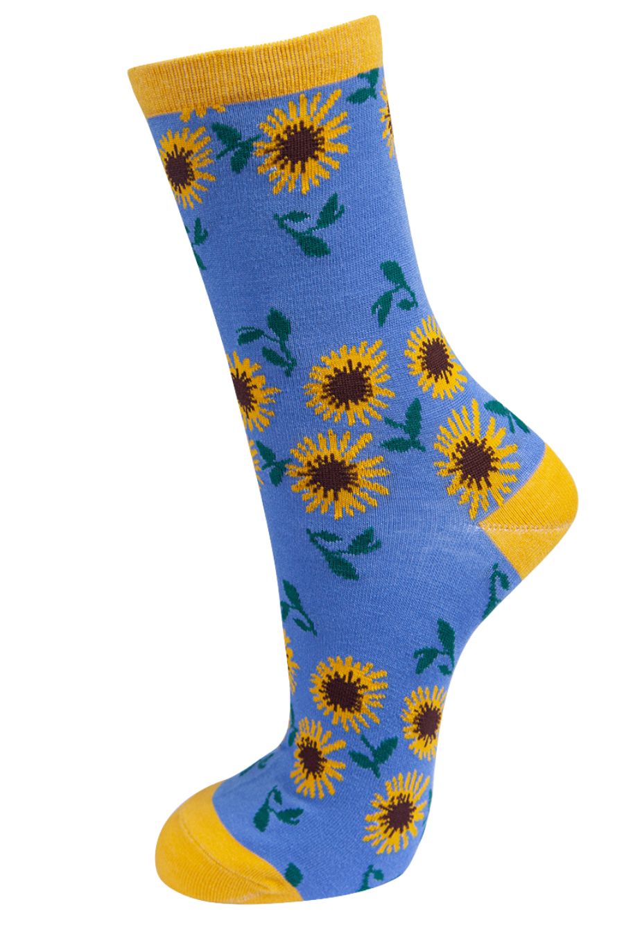 blue ankle socks with an all over yellow sunflower pattern