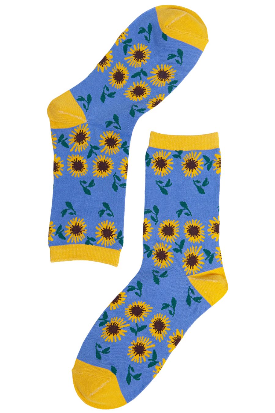 blue, yellow bamboo ankle sock with yellow sunflowers