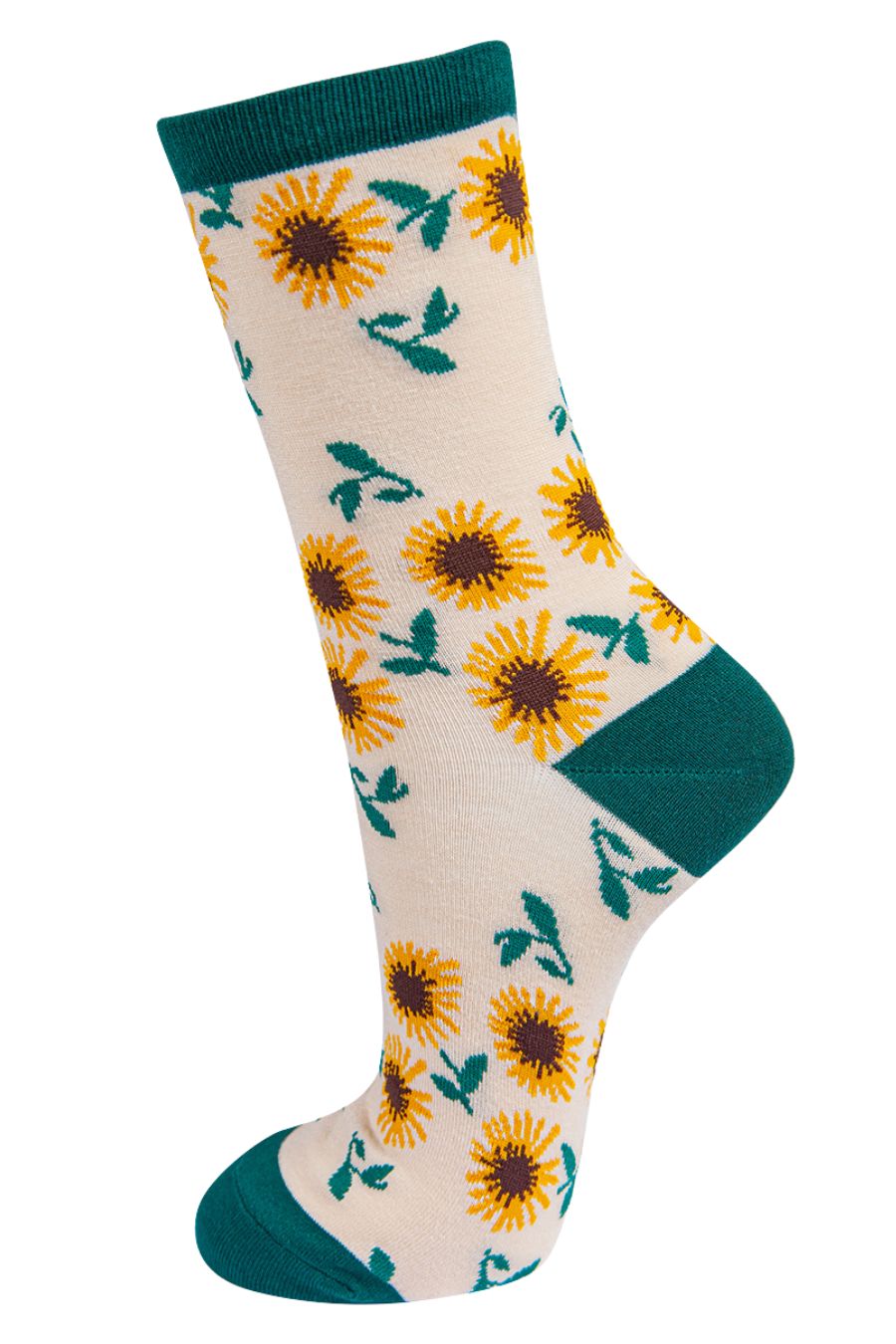 cream, green ankle socks with an all over yellow sunflower pattern