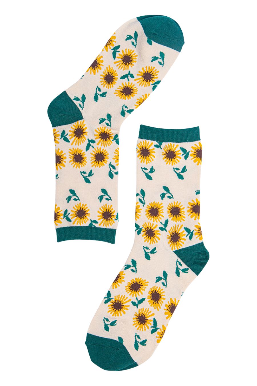 cream, green bamboo socks with a yellow sunflower print