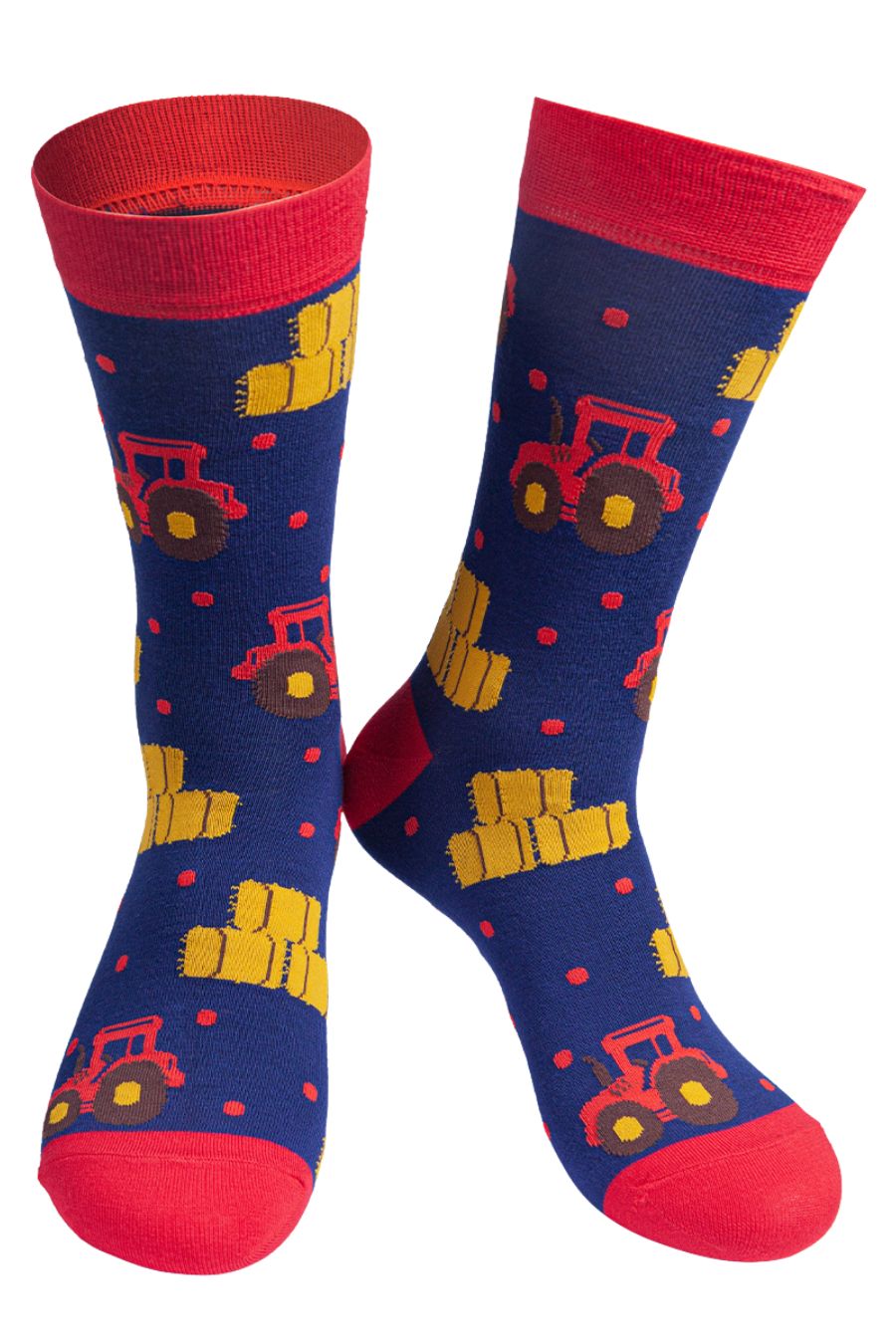 navy blue, red dress socks with red tractors and yellow hay bales